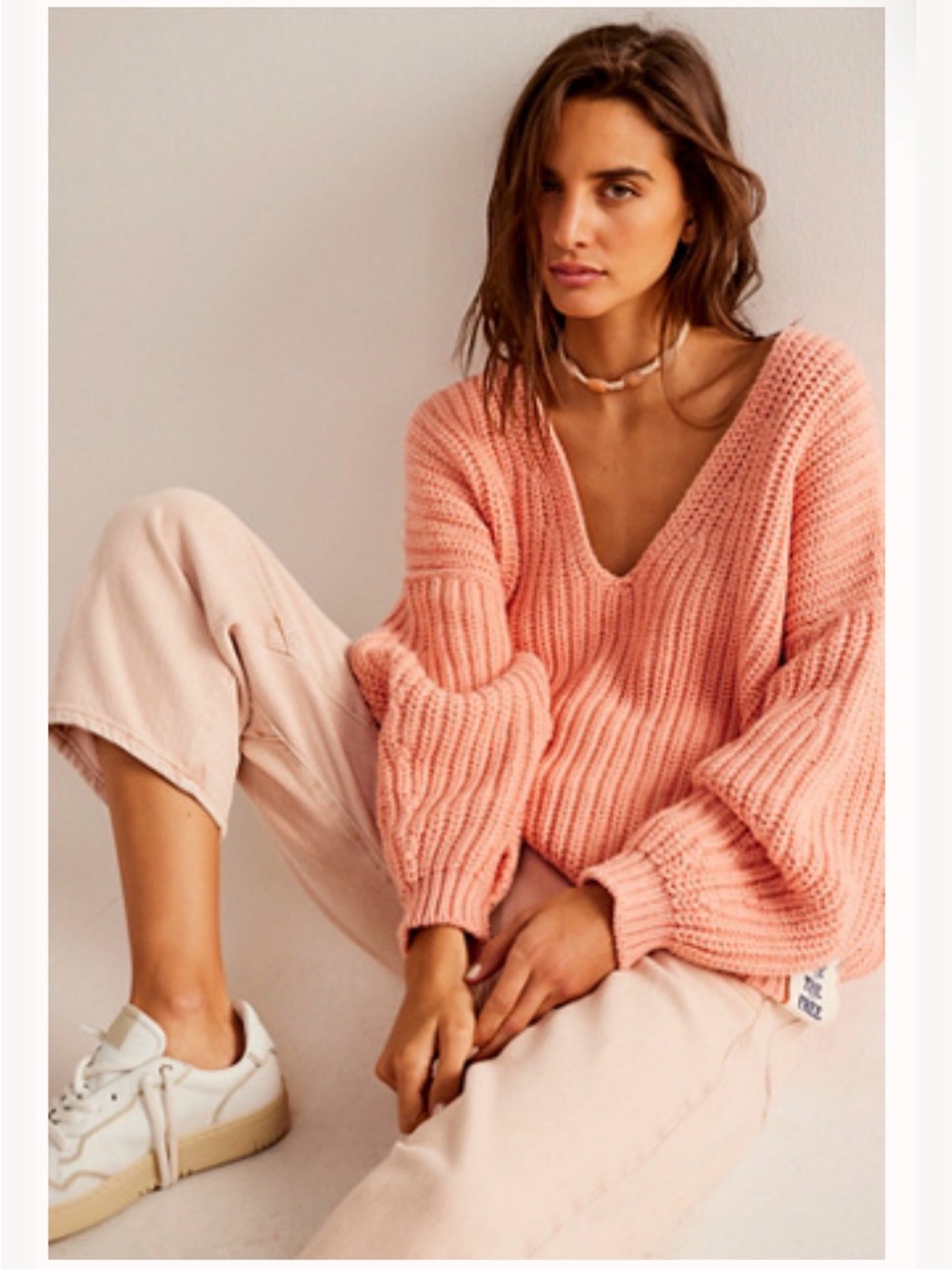 We The Free Cuddle Peach Pink V-Neck Chunky Oversized Knit Sweater
